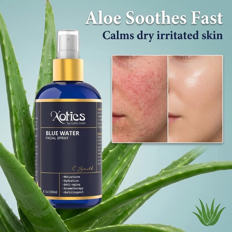 Xotics Blue Water Facial Spray - 8oz - Hydrating Face Mist With Aloe Vera - Refreshing Toner for Men & Women, Aftershave, Daily Moisturizing Splash for All Skin Types