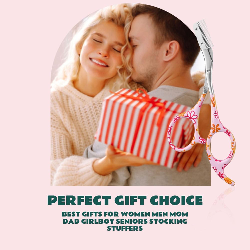 DINNAT Eyebrow Trimmer With Comb Facial Grooming Scissors Kit Professional Precision Eyebrow Trimmer Stainless Steel Eyebrow Trimmers Scissors with Combs Perfect For Gifts for Men and Women (Pink)