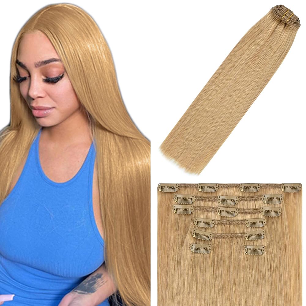 #27 Blonde Clip in Hair Extensions Real Human Hair, 20 Inch 120g/7Pcs,Full Shine Remy Hair,Honey Blonde Straight Clip ins Brazilian Virgin Human Hair Extensions