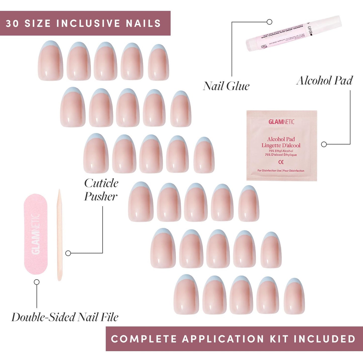 Glamnetic Press On Nails - Into Blue | Glazed Short Oval Fake Nails with Periwinkle French Tips | 30 Nail Kit with Glue, 15 Sizes