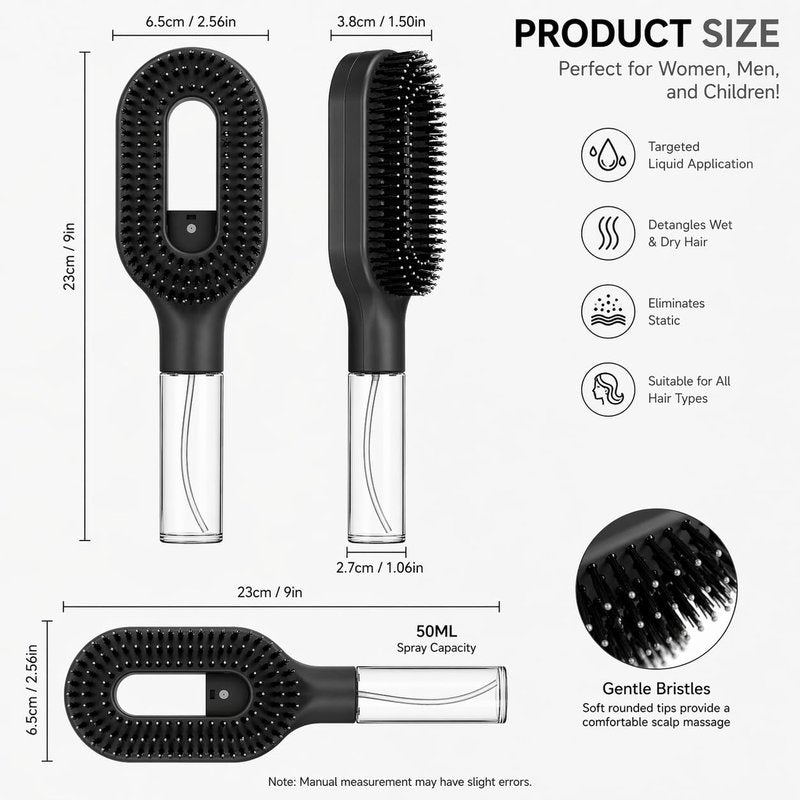 Misting Hair Brush - 2-in-1 Detangling Wet & Dry Brush with Fine Mist Sprayer | Anti-Frizz, Refillable Reservoir (Black)