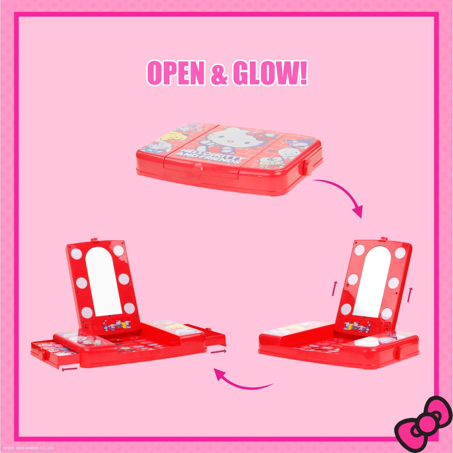 Hello Kitty and Friends Makeup Set for Kids, Beauty Vanity Set with Light-Up Mirror, Includes Lip Gloss, Eye Shadow, Brushes, Nail Polish, Accessories, and More! Gift for Ages 6+ by Townley Girl