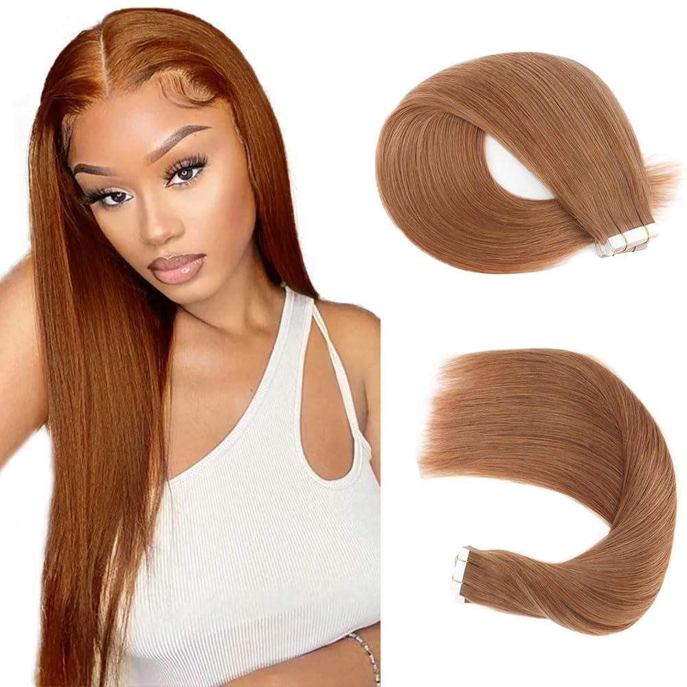 Light Brown Straight Tape In Hair Extensions 18 Inch HuxoWax VirgIn Remy Tape In Hair Extensions Double Weft Hair Weave #30 Color