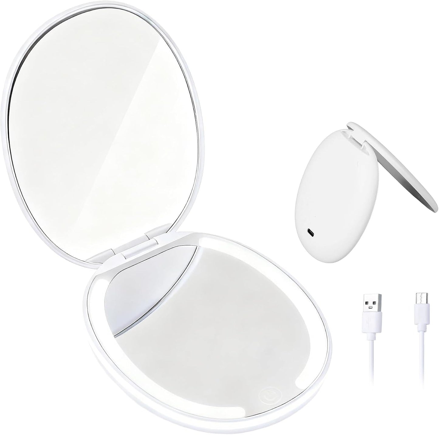 Portable Makeup Mirror - 1X/5X LED Lighted Magnifying Mirror | Compact USB Rechargeable Travel Size in White