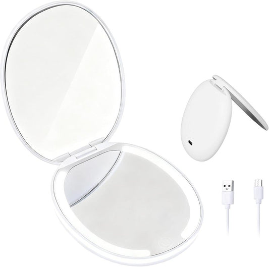 Portable Makeup Mirror - 1X/5X LED Lighted Magnifying Mirror | Compact USB Rechargeable Travel Size in White