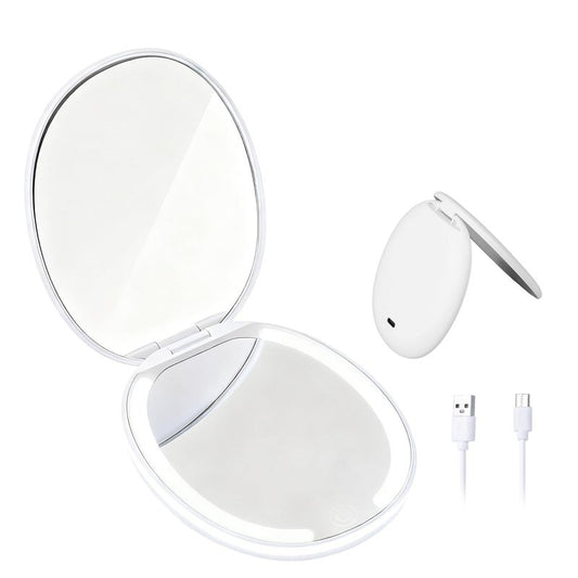 Compact Makeup Mirror, Portable 1X 5X Magnifying Makeup Mirror with LED Light, White Small Foldable USB Rechargeable Travel Lighted Make Up Mirrors with 3 Color Lighting Magnification for Purse Pocket
