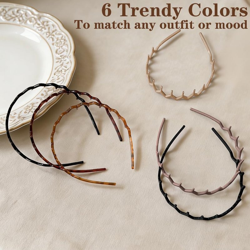 Zig Zag Headbands for Women - Non-Slip Plastic Hair Bands | 6-Pack Retro Style Hair Accessories