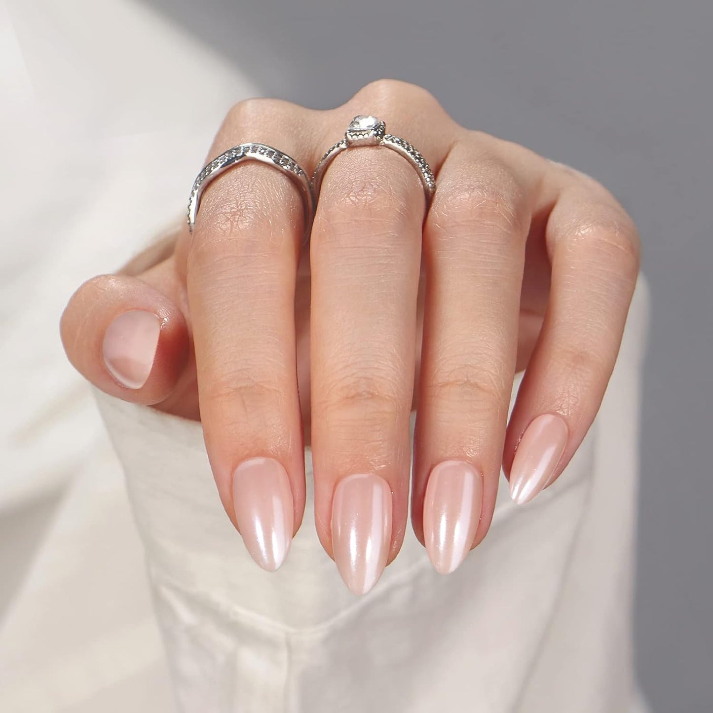 French Tip Press On Nails - Chrome Short Almond Design | Semi-Transparent Soft Gel, 16 Sizes, 32 Piece Kit