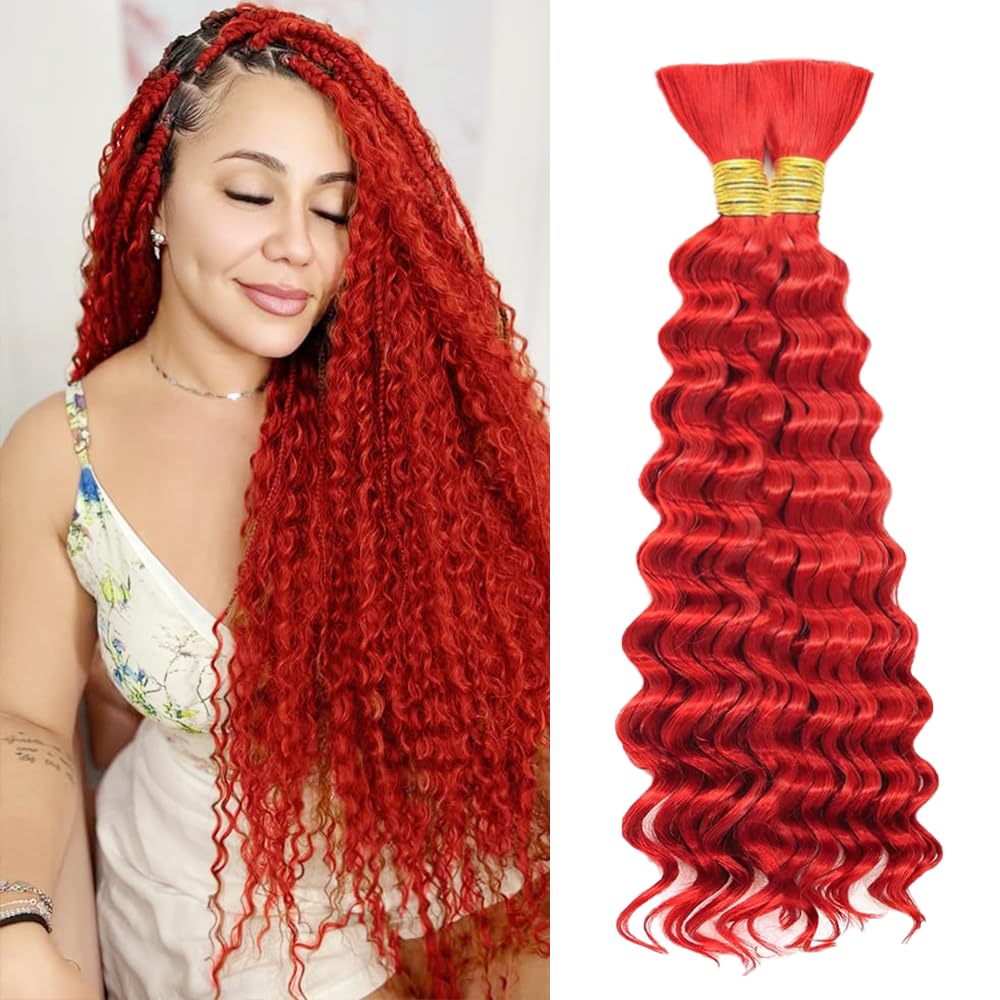Red Boho Human Hair for Braiding 28 Inch 2 Bundles Same Length Red Human Braiding Hair for Boho Braids Hair Extensions No Weft 2 Braids Wet and Wavy Braiding Human Hair