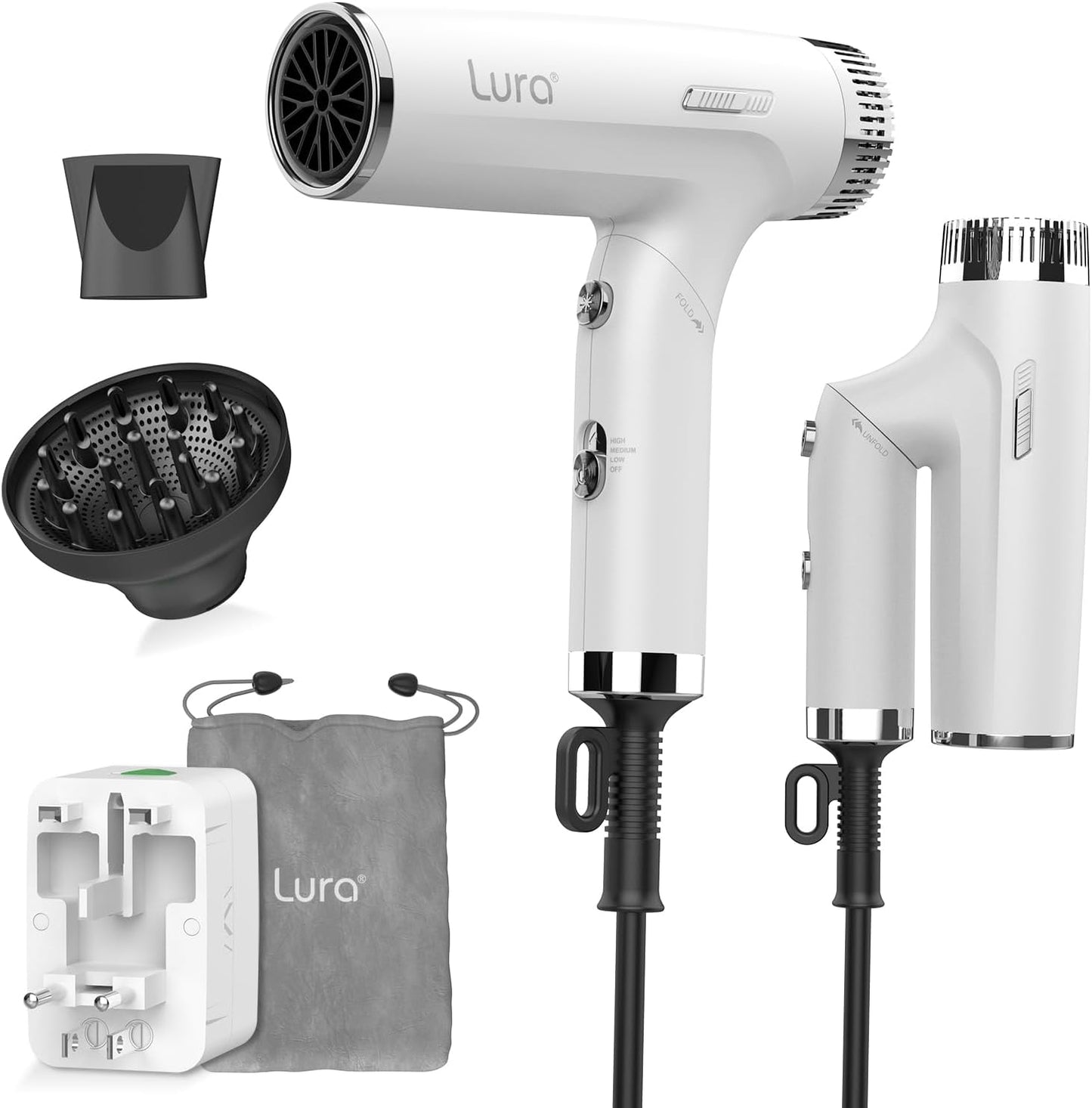 Dual Voltage Travel Hair Dryer - Compact & Lightweight Blow Dryer with Diffuser | Portable Mini Design for Women & Kids (Black)