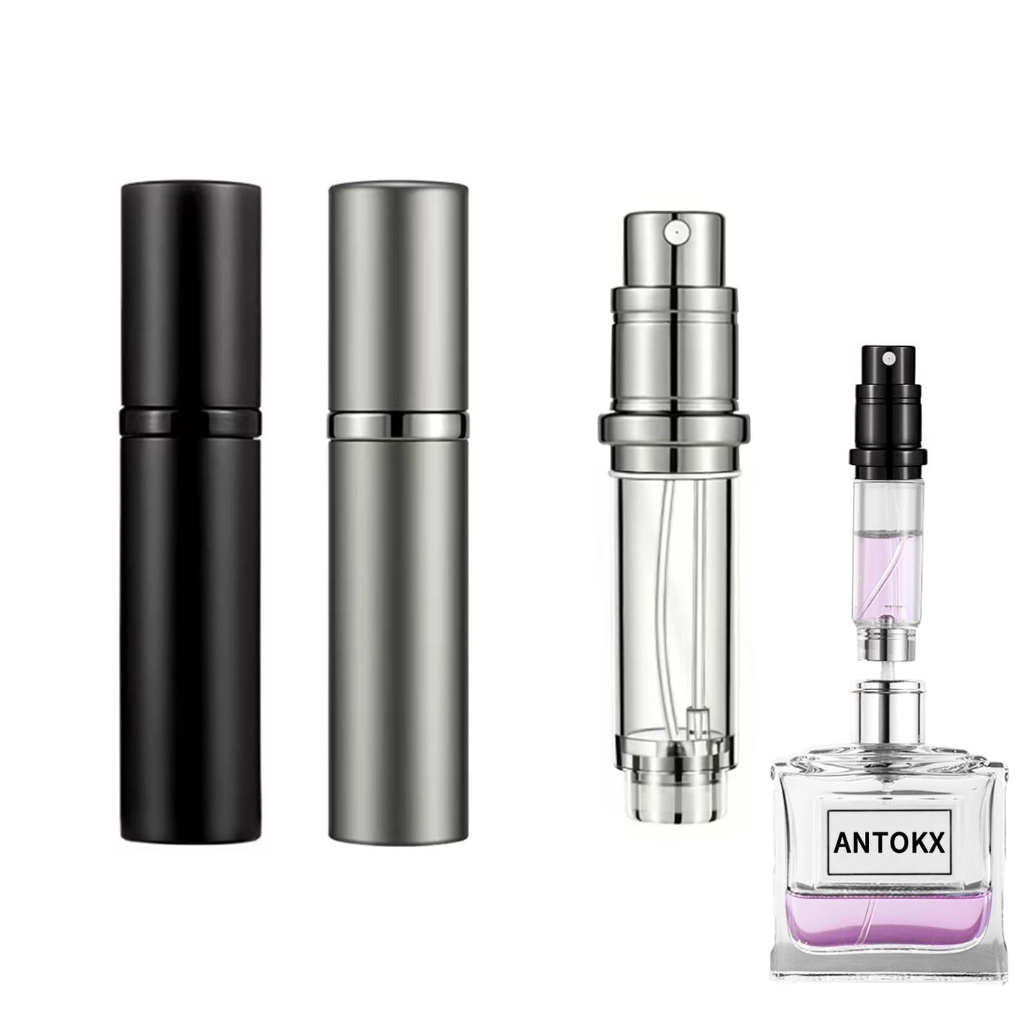ANTOKX Travel Perfume Bottle Refillable Atomizer - 2-Pack 5ML Perfume Atomiser, Leakproof Portable Perfume Sprayer (Black & Gray)