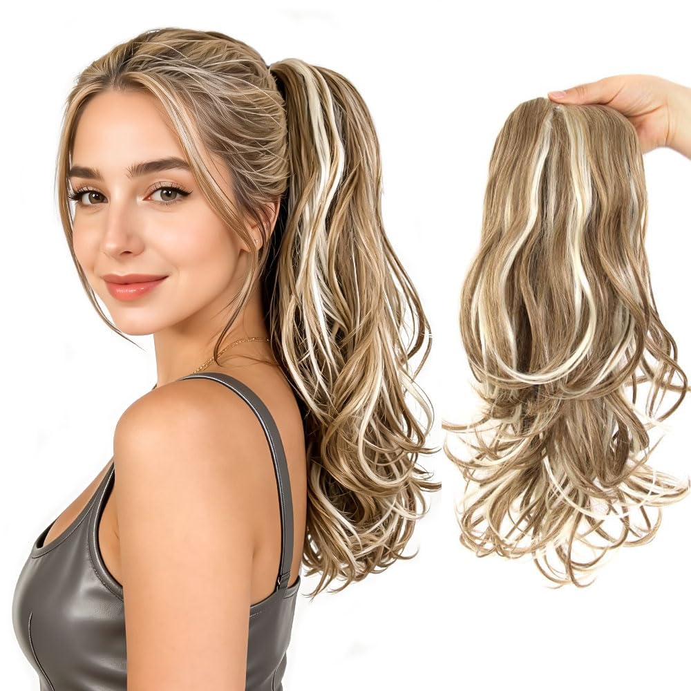 Curly Ponytail Drawstring, 16 In, Light Brown with Highlights