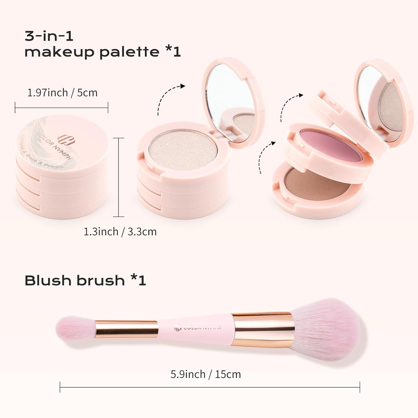 Contour Blush Highlighter Makeup Palette - Travel Size Kit with Brush & Mirror | 3 Colors (Pink)