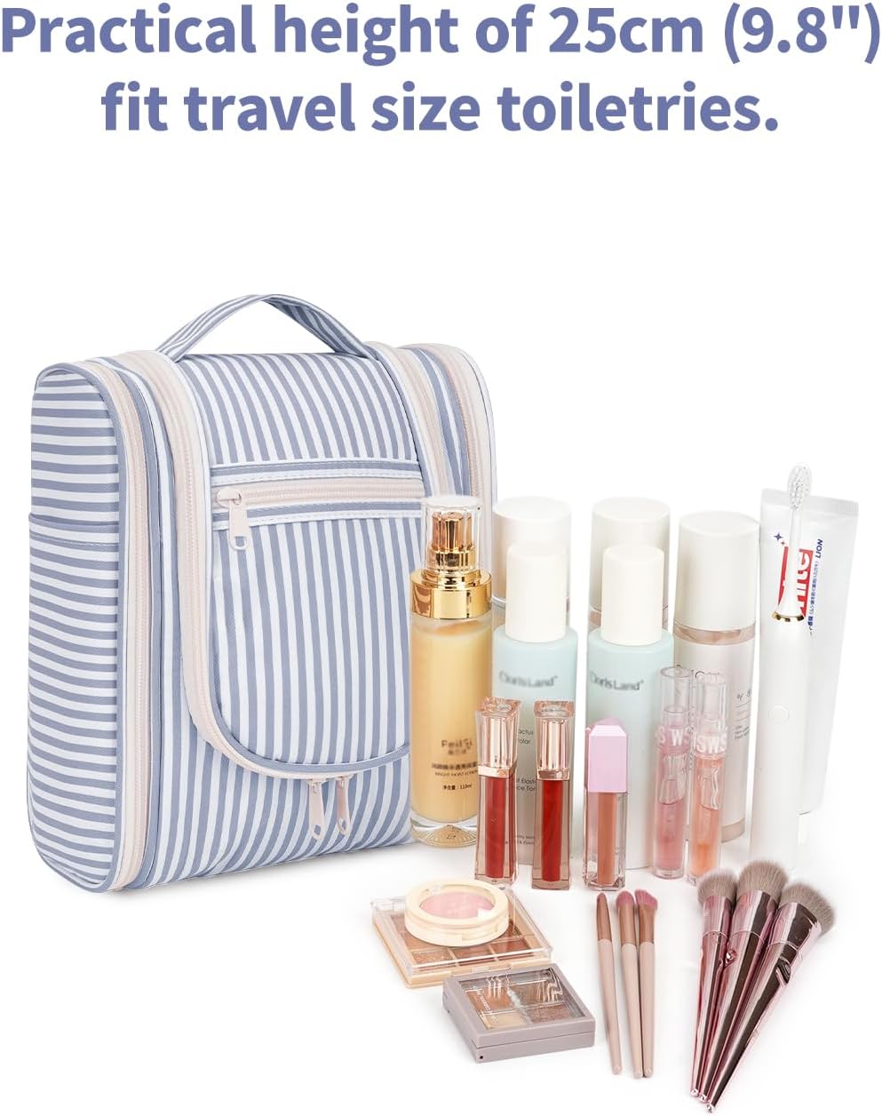Small Striped Hanging Travel Toiletry Bag for Women - Makeup Organizer | Greyish Blue Stripe