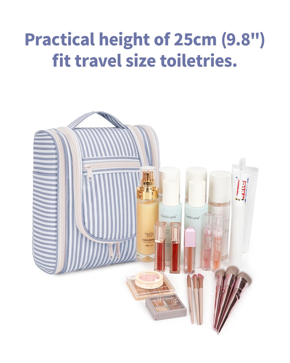 Narwey Small Striped Hanging Travel Toiletry Bag for Women, Travel Bag for Toiletries, Makeup Bag Organizer Cosmetic Bags Make Up Bags for Women (Greyish Blue Stripe)