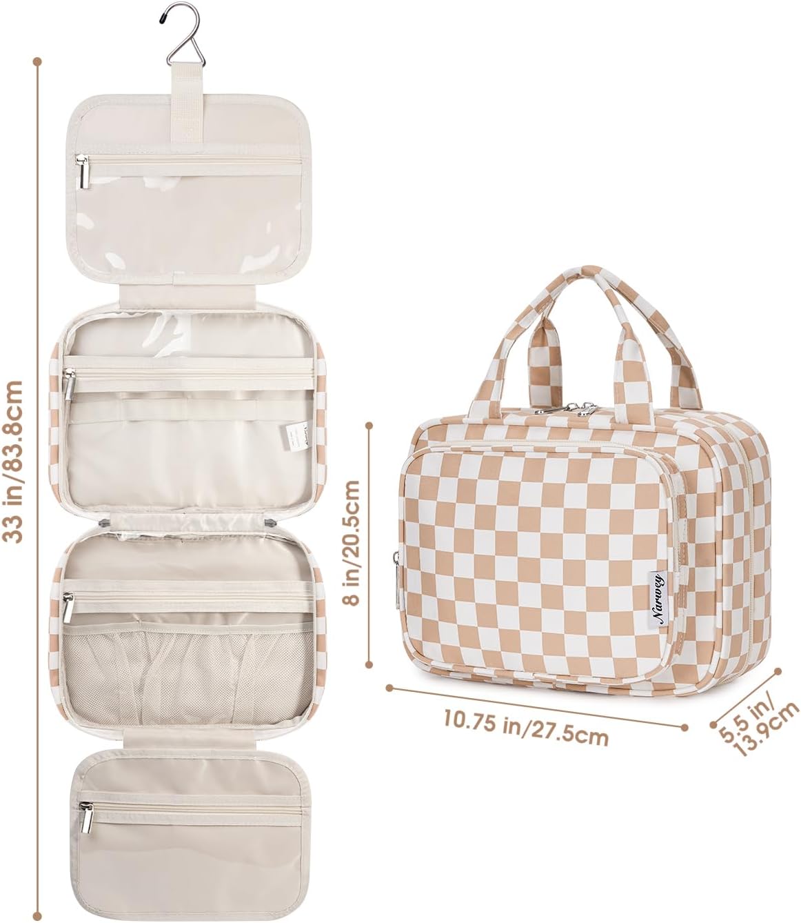 Hanging Toiletry Bag for Women - Travel Makeup Organizer with Light Checkerboard Design | Medium Size