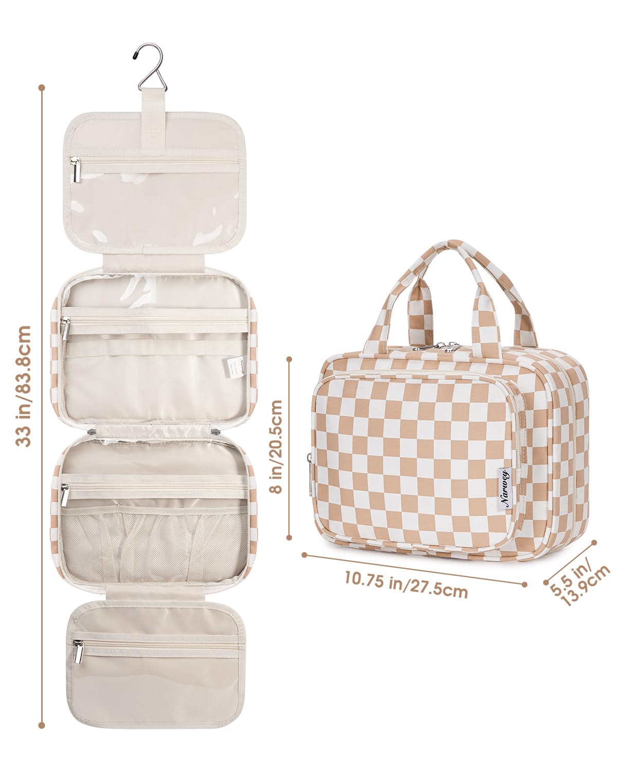 Narwey Hanging Toiletry Bag for Women Travel Makeup Bag Organizer Toiletries Bag for Travel Size Essentials Accessories Cosmetics (Light Checkerboard (Medium))