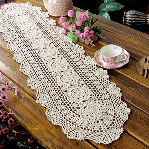 Beige Cotton Handmade Crochet Lace Table Runner Doily 12x27 Inch