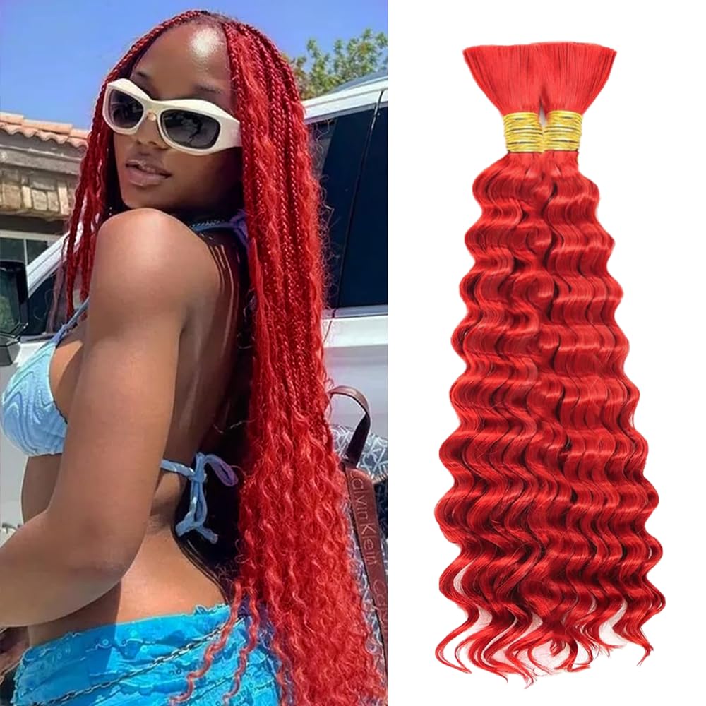 GveoXvo Red Boho Hair For Braiding Deep Wave Human Braiding Hair 110g 18 Inch Red Bulk Human Hair Braiding Hair for Boho Braids Knotless 12A Curly Bohemian 2 Bundles