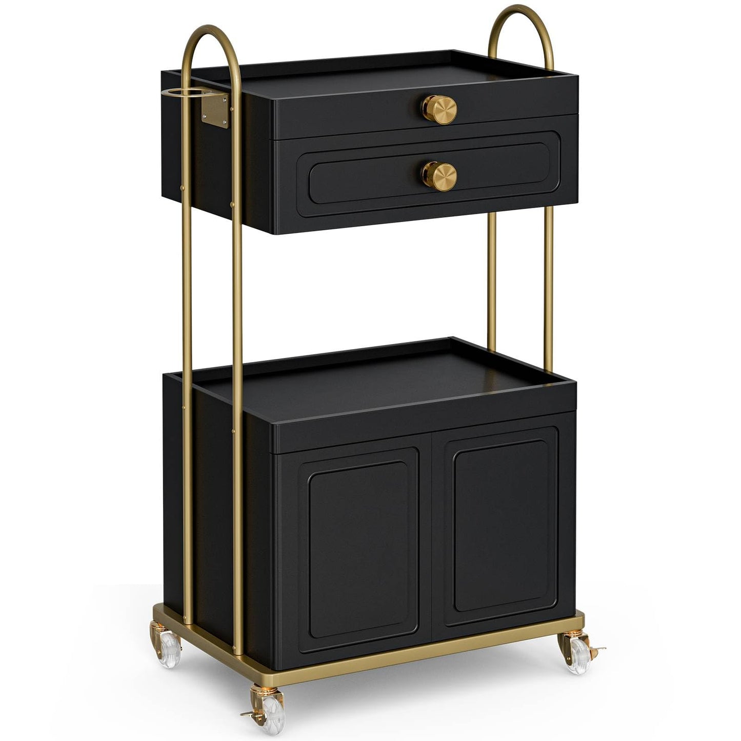 Belandi Salon Trolley Cart with Lockable Wheels, Salon Station Cabinet with Drawer & Cabinet for Hair Stylist Makeup Tool Organizer for Beauty Spa Barbershop (Black&Gold)