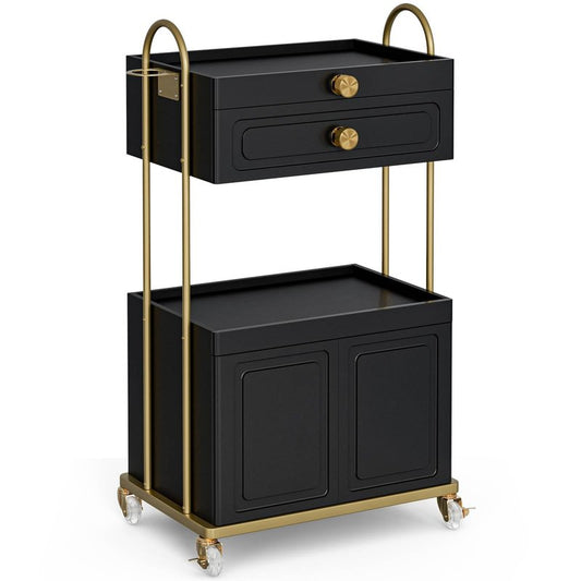 Belandi Salon Trolley Cart with Lockable Wheels, Salon Station Cabinet with Drawer & Cabinet for Hair Stylist Makeup Tool Organizer for Beauty Spa Barbershop (Black&Gold)