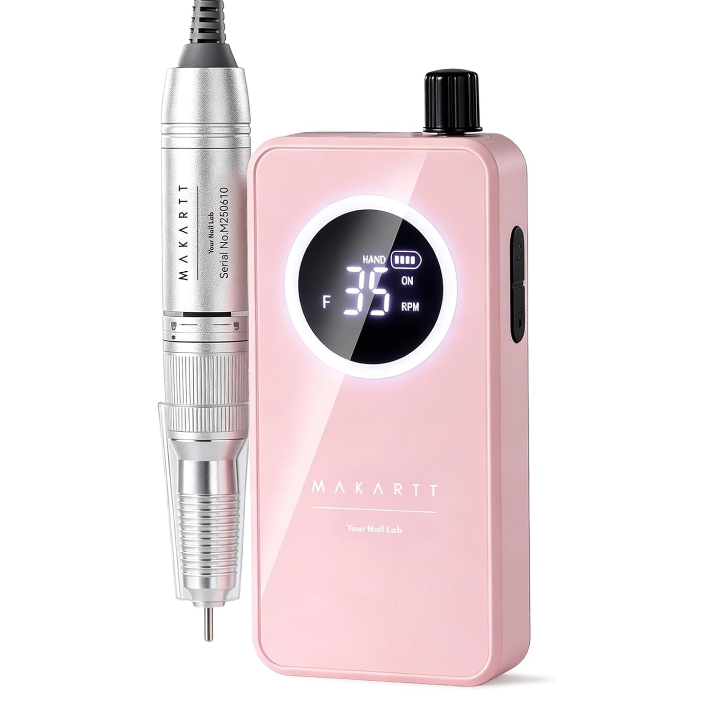Makartt Nail Drill - 35,000RPM Rechargeable Electric Nail File for Acrylic & Gel Removal | 2-in-1 Portable & Desktop, LCD Display, Nouvella Pink