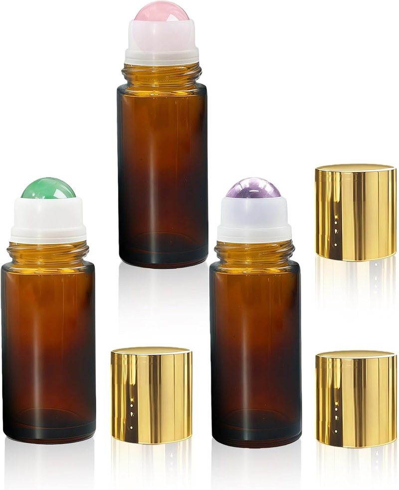 Rose Quartz & Amethyst Roller Bottles | 50ml Refillable Amber Glass with Natural Crystal Rollers - Leak-Proof Travel Perfume