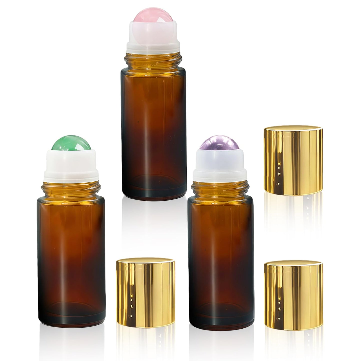 Rose Quartz & Amethyst & Green Aventurine Roller Bottles for Essential Oils, 50ml Refillable Amber Glass Roll On Bottles with Natural Crystal Roller, Leak-Proof Travel Perfume Bottle with Gold Caps