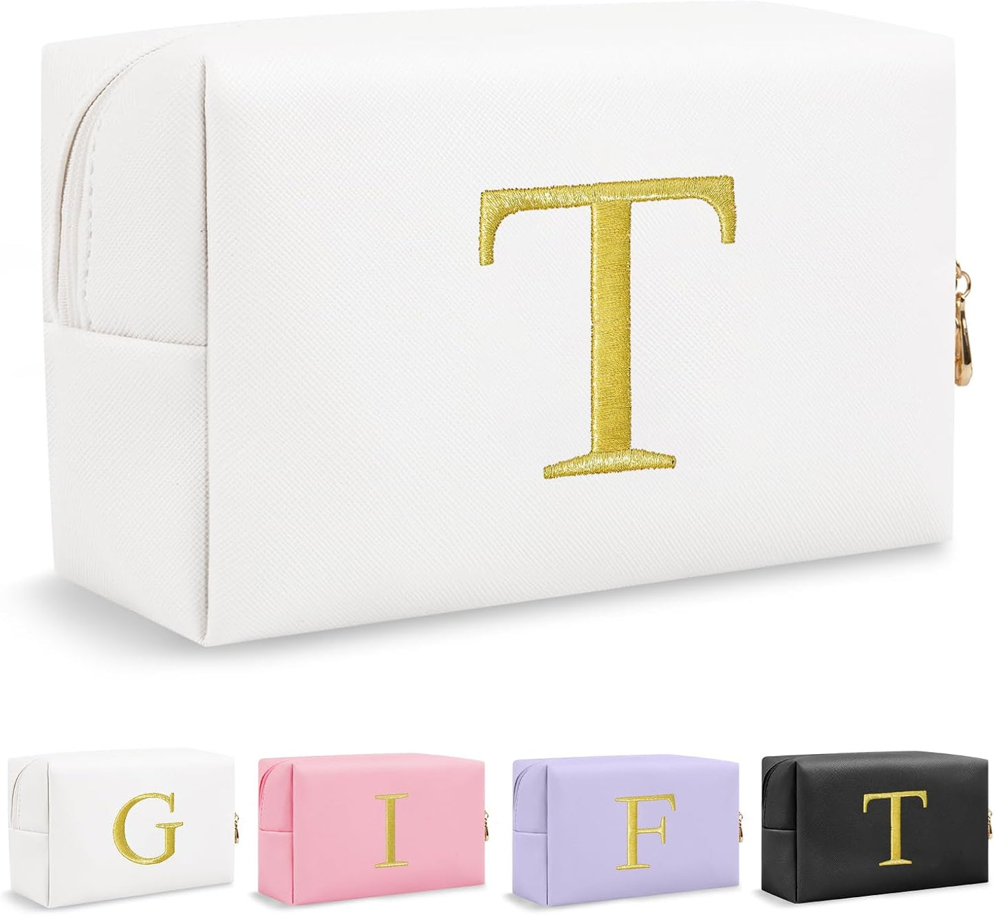 Personalized Initial Makeup Bag - Gold Embroidered Cosmetic Bag for Teens | Custom Travel Toiletry Bag (Black)
