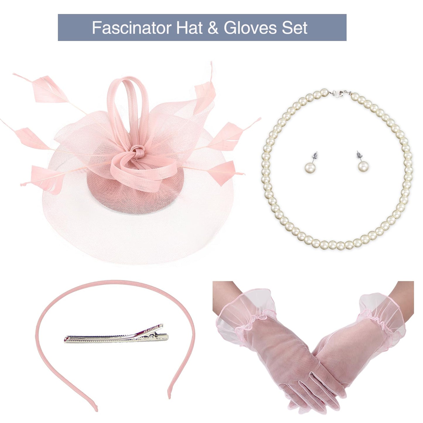 Ibeauti Fascinator Hats with Screentouch Lace Gloves Set for Women Tea Party Cocktail Wedding Derby Headwear Short Gloves (07 Nude Pink)