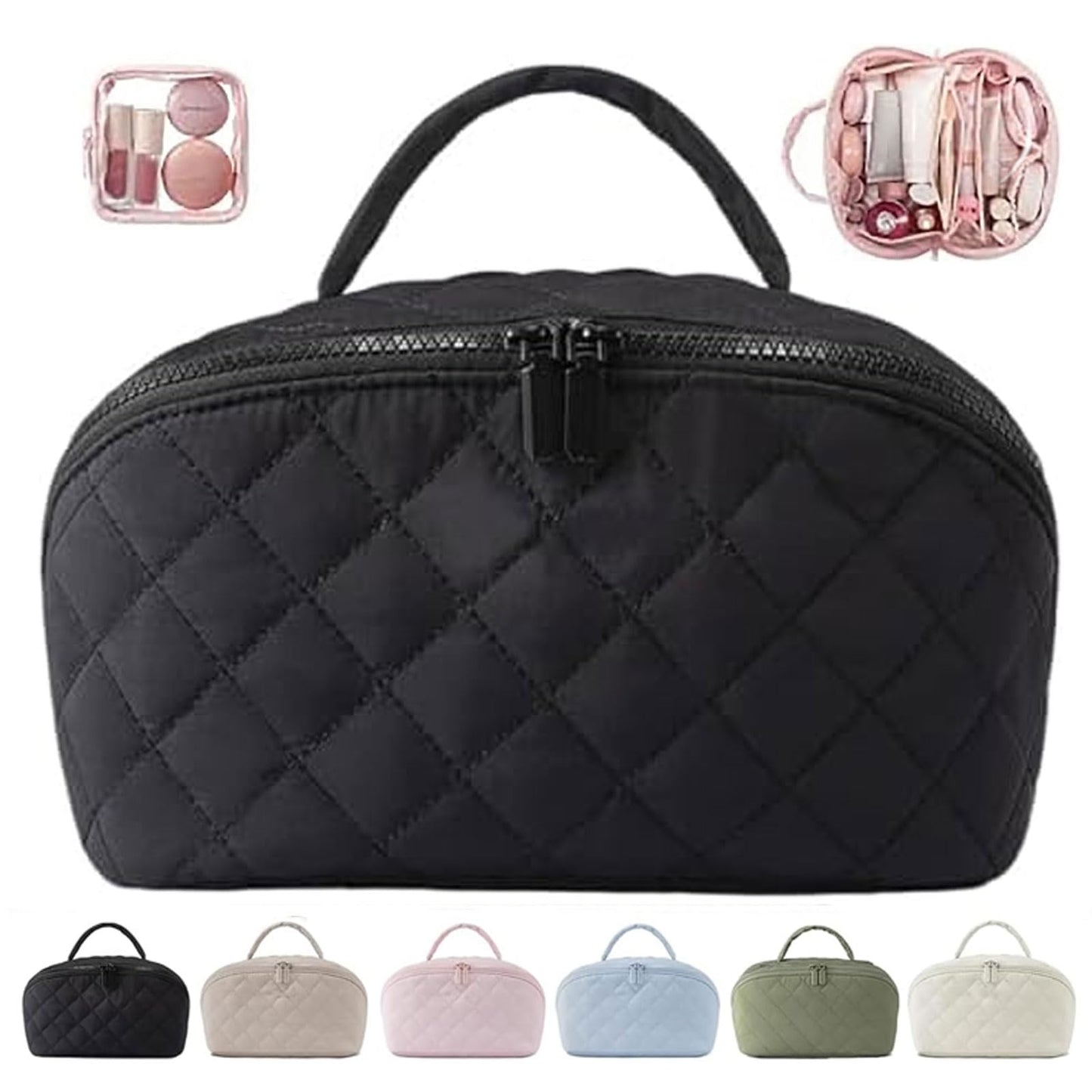 MINGRI Petition Makeup Bag for Travel,Women Quilted Cosmetic Bag Puffer Large Capacity Toiletry Bag 2Pcs,Lay Falt 180°Open Valentine's Day Gift for Toiletries & Brushes with Compartments(Black)