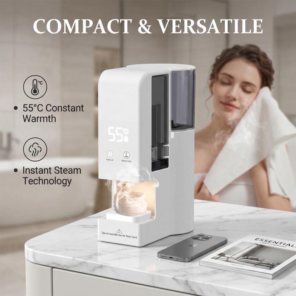 Hot Face Towel Dispenser, 5-Second Heating,55°C Constant Temp,Automatic Disposable Hot Towel Dispenser for Spa, Salon,Hotel, Bathroom(40Pcs Towels)