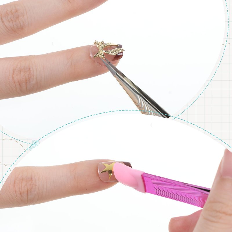 2PCS Crystal Pink Nail Tweezer, Double Ended Sticker Tweezers with Silicone Pressing Head for Craft, Precision Rhinestone Picker Tool for Jewelry Eyelash Nail Art, Curved Tip Tweezers Kit