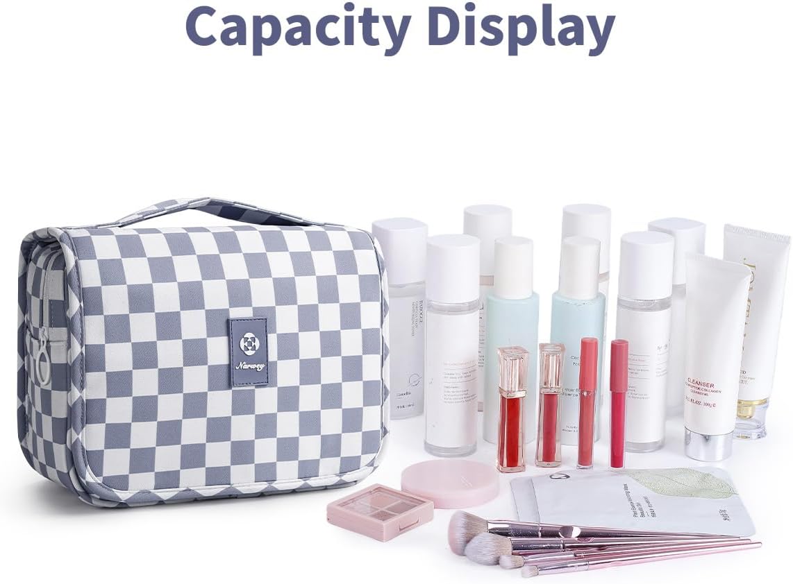 Narwey Small Hanging Travel Toiletry Bag - Checkered Makeup Organizer for Women | Grayish Blue Checkerboard