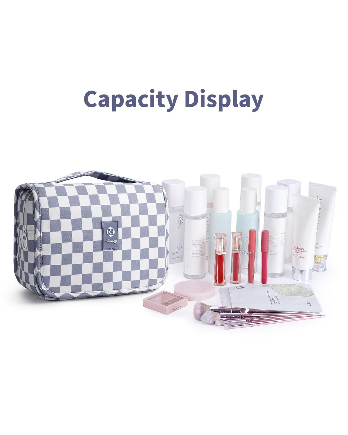 Narwey Small Hanging Travel Toiletry Bag for Traveling Women, Checkered Travel Bag for Toiletries, Makeup Bag Organizer Make Up Cosmetic Bags, Gifts for Kids Teen Girls (Grayish Blue Checkerboard)