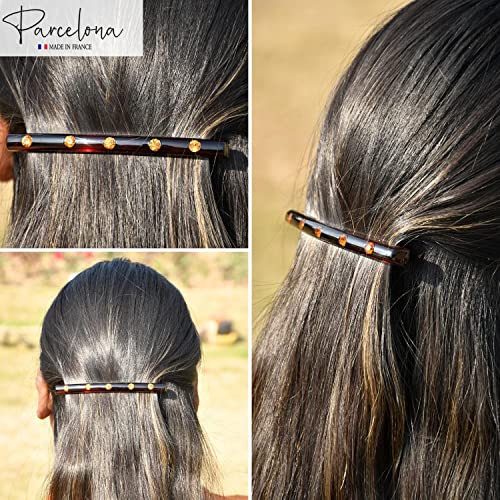 Parcelona French Long Narrow Celluloid Hair Barrette with Crystals - Shell Brown, No Slip Grip, Made in France