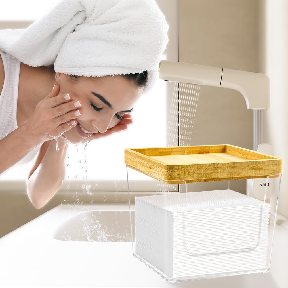 Acrylic Disposable Face Towel Holder Box - Large Bathroom Organizer with Bamboo Lid | Clear Design