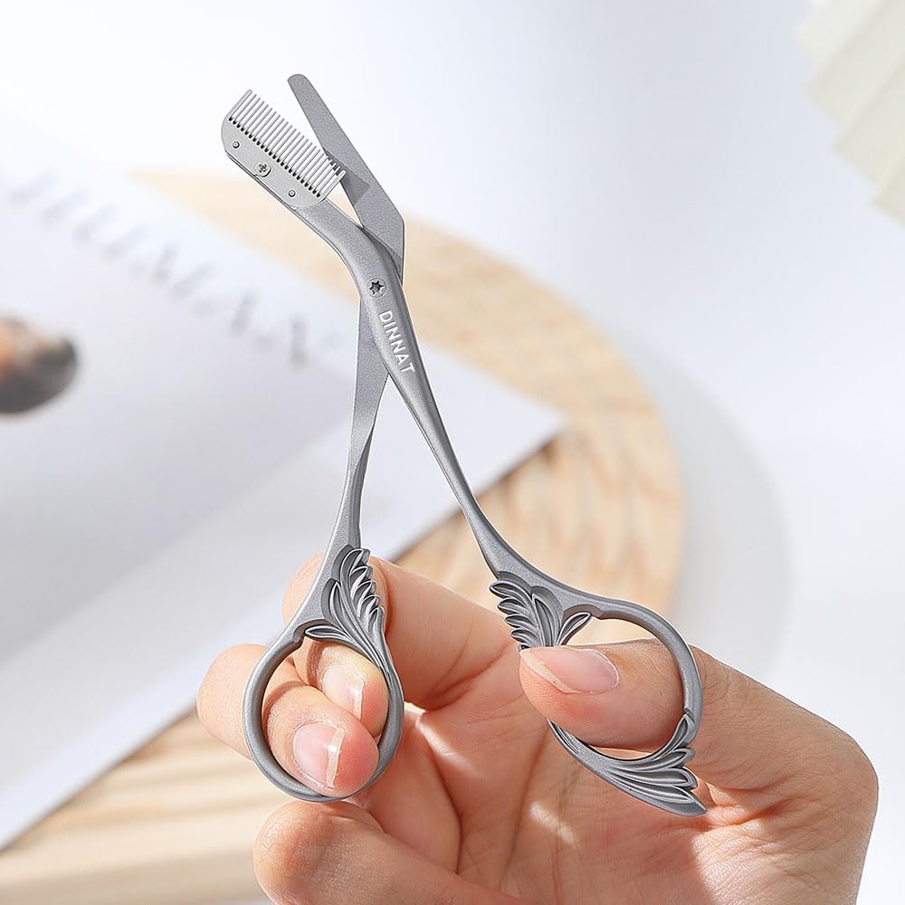 Eyebrow Trimmer Scissors with Comb - Professional Stainless Steel Eyebrow Grooming Tool | Dark Grey