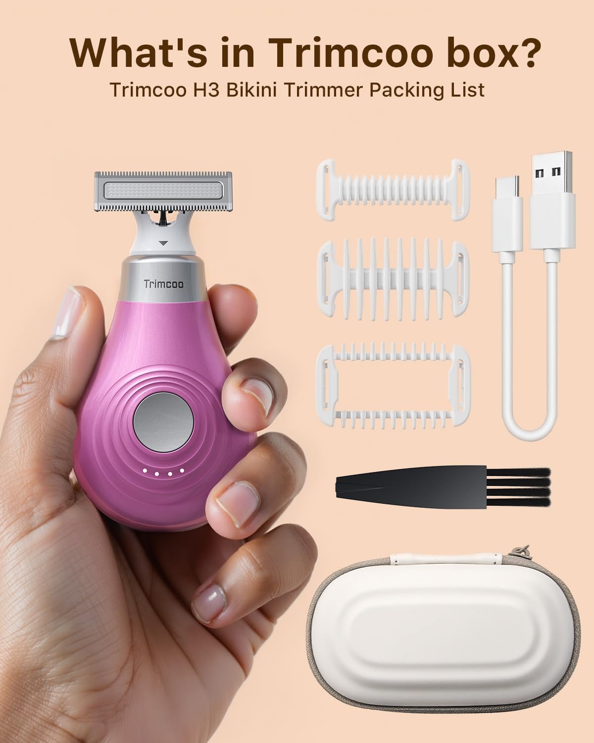 Trimcoo Mini Bikini Trimmer for Women - Intimate Pubic Hair Removal, Electric Body Groomer, Small Portable Wet/Dry Shaver, Magnetic Blade, USB-C Rechargeable with Travel Case, Easy to Clean (Pink)