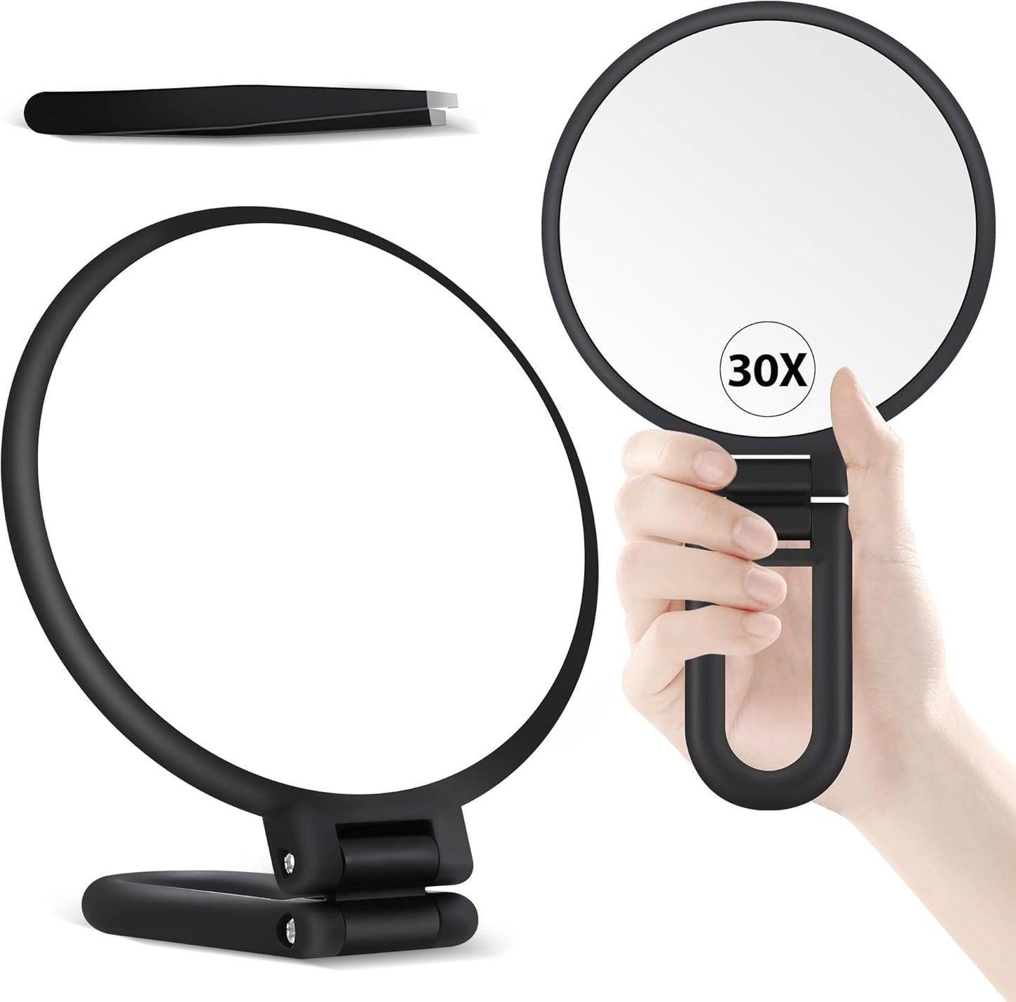30X Magnifying Hand Mirror - Double-Sided Portable Makeup Mirror | Travel Essential in Black