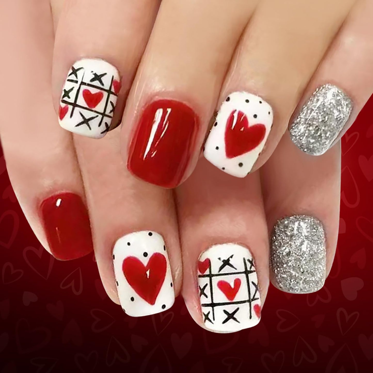 Leopard Print Press-On Nails - 30 Pcs Medium Almond Acrylic with Heart Pearl Bow & Rhinestones | Romantic Valentine’s French Tip Design