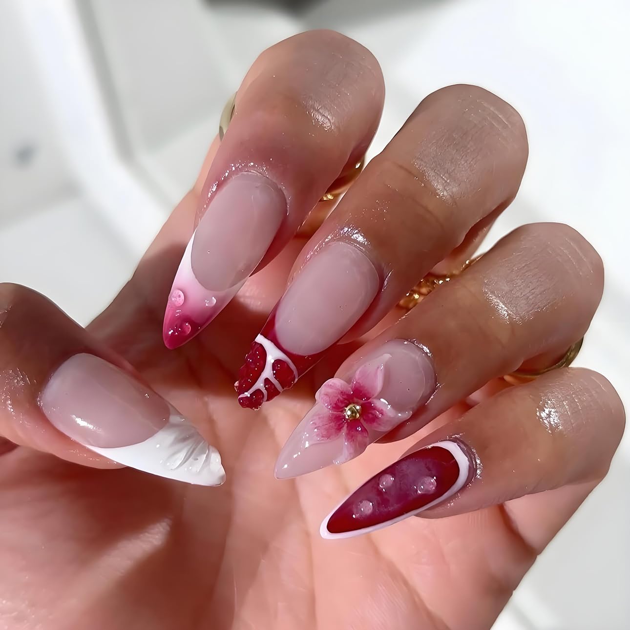 Red French Tip Press-On Nails - Almond Shape with 3D Crystal Designs | 24 Pcs Reusable Nail Kit for Manicure