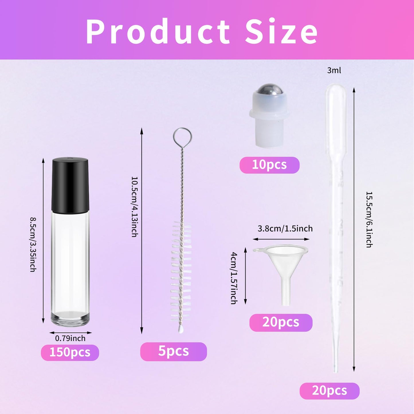 Olutacot 150 Pcs Essential Oil Roller Bottles 10 ml Leakproof Empty Glass Roll on Bottles with Stainless Steel Roller Balls with 20 Funnels 20 Droppers for Travel Perfume Essential Oil