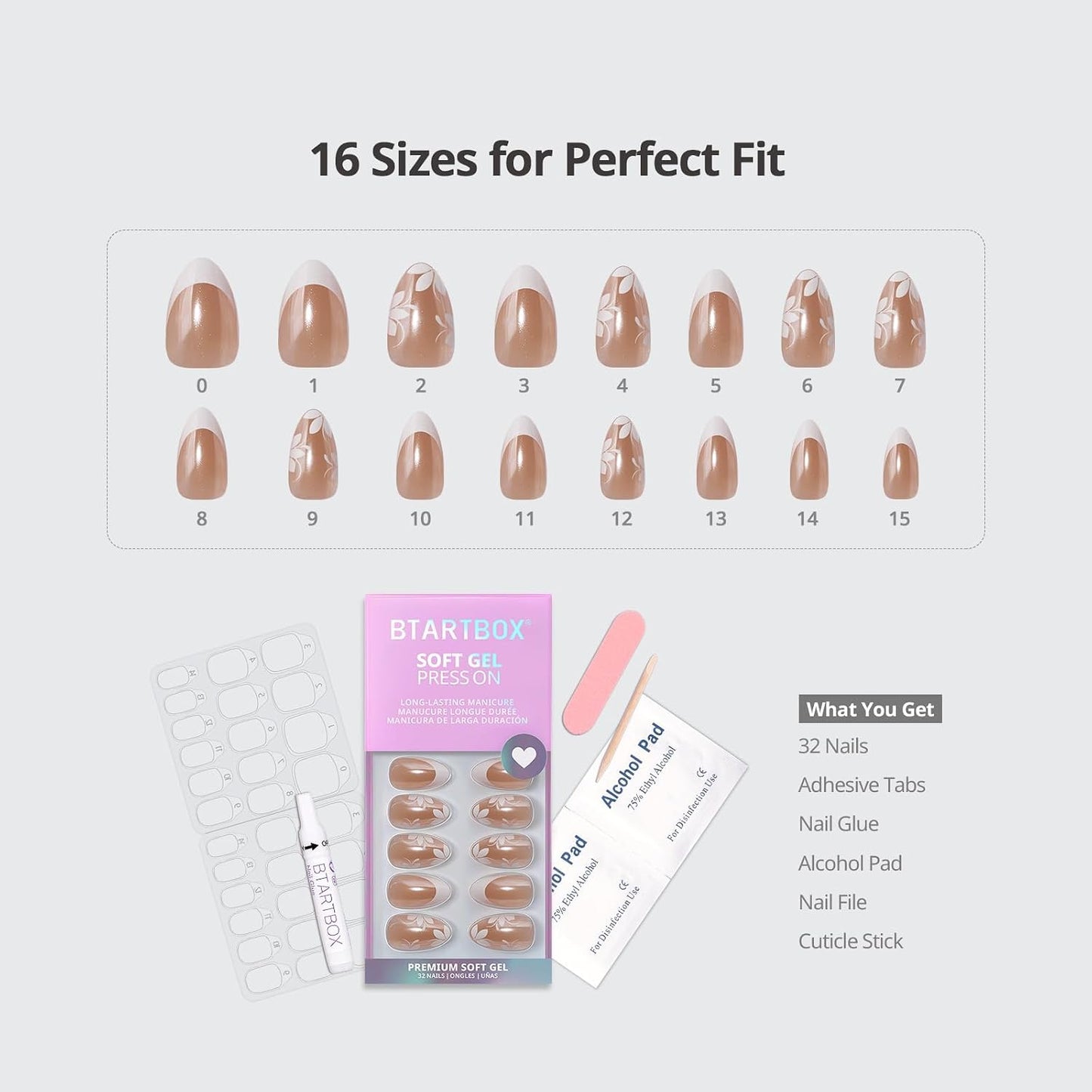 French Tip Press On Nails - Easy-to-Apply White Flower Almond Design | 32 Nails in 16 Sizes with Glue & Adhesive Tabs