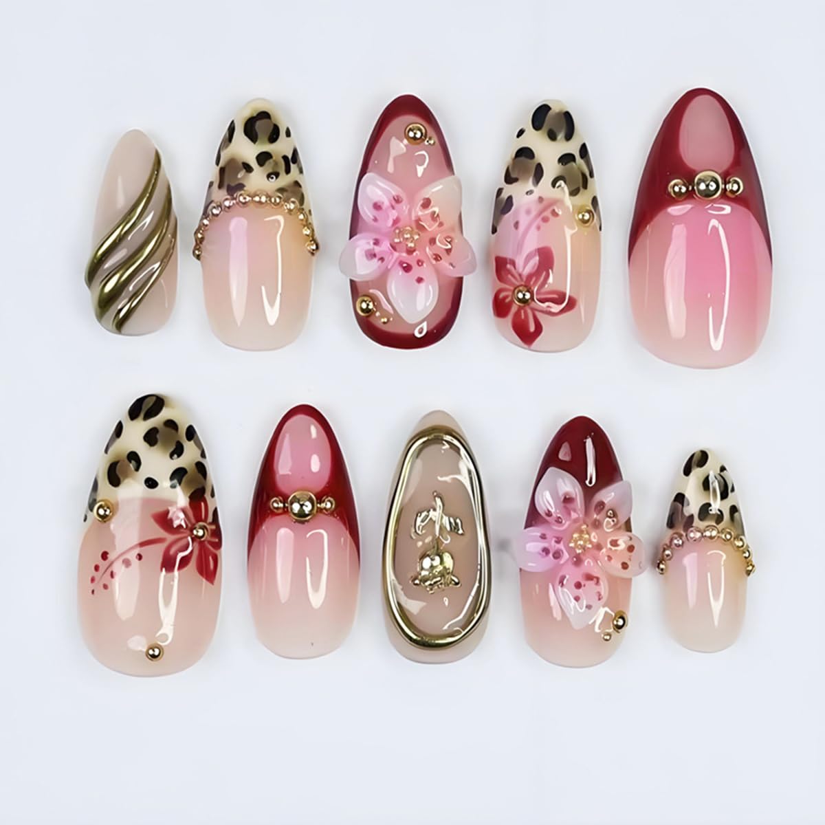 3D Press On Nails - Almond Medium Floral & Gold Bead Designs | Leopard Print French Tip, Glossy Acrylic, 30 Pcs