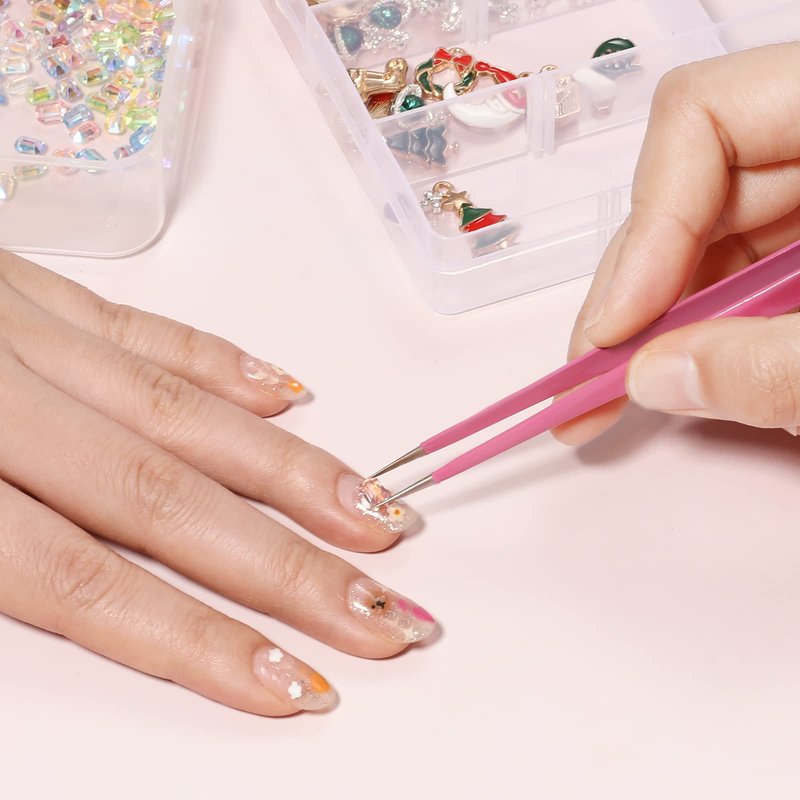 NUOMI 2 Pcs/Set Straight Nail Tweezers Probe Tips Metal Tweezers with Silicone Pressing Head for Nail Art, Picking Gems Rhinestones Acrylic Gel Stickers Eyelash Extensions
