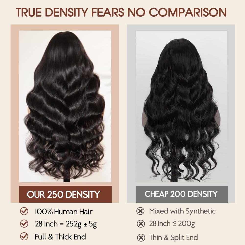 CUTE BEIN 250 Density 13x6 Lace Front Wigs,100% Human Hair, [2-Year Life,250g], 28 Inch Body Wave HD Lace Front Wigs Human Hair Pre Plucked Transparent Frontal Glueless Wigs with Baby Hair