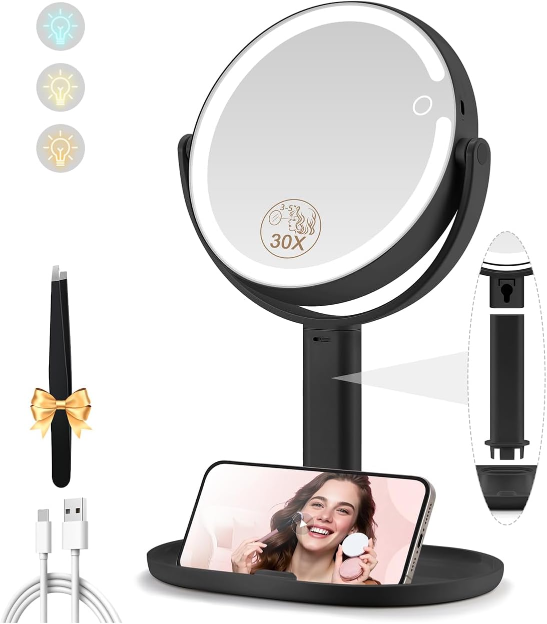 Makeup Mirror with Lights - Double-Sided 1x/20x Magnifying, Rechargeable, 3 Color Options | 360° Rotation, Black