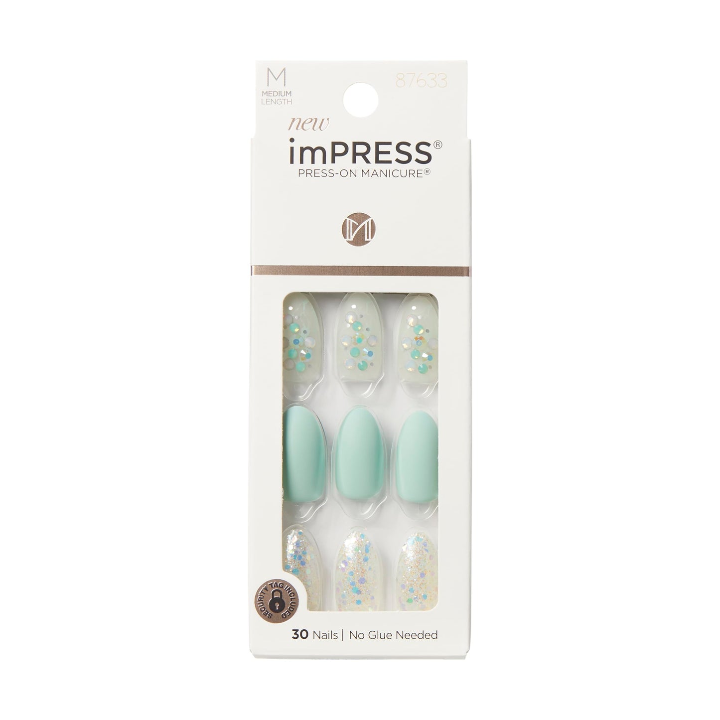 KISS Impress Press-On Manicure Fake Nails, Evergreen - Medium Length, Almond Shape, Polish-Free Mint Green with Glitter Design Mani, Includes Prep Pad, Mini File, Manicure Stick, and 30 Fake Nails