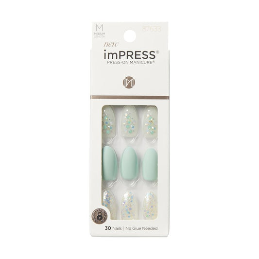 KISS Impress Press-On Manicure Fake Nails, Evergreen - Medium Length, Almond Shape, Polish-Free Mint Green with Glitter Design Mani, Includes Prep Pad, Mini File, Manicure Stick, and 30 Fake Nails